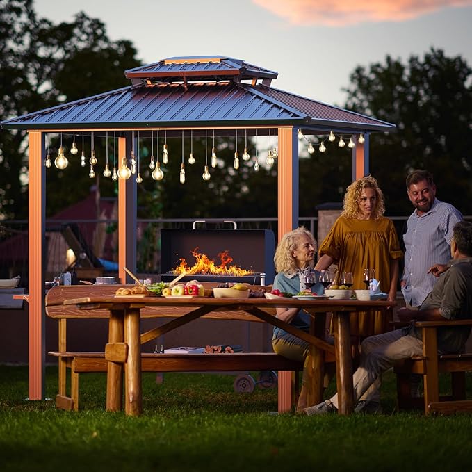 Hoteel 6x8ft Hardtop Grill Gazebo, Outdoor Patio Aluminum Frame Barbecue Gazebo with Galvanized Steel Double Roof and 2 Side Shelves for Deck Lawn Backyard Garden and Party, Brown(2025 Upgraded)