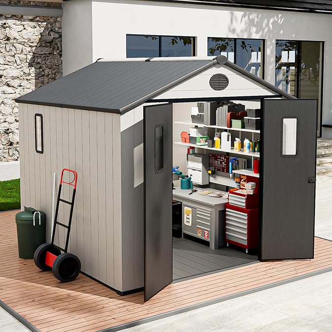 8x6 Resin Outdoor Storage Shed with Floor, Plastic Tool Shed for Gardening, Patio, and Deck, White/Gray