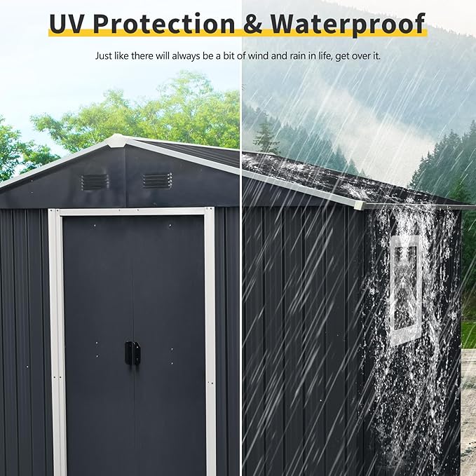 8x4 ft Outdoor Metal Storage Shed with Floor Foundation and Window, Lockable Galvanized Steel Tool Shed with Sliding Door and Air Vent, Waterproof Garden Storage House for Backyard, Patio