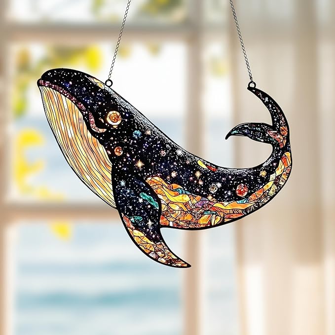 Cosmic Whale Acrylic Suncatcher Stained Glass Effect Boho Window Car Hanging Christmas Ornament Indoor Outdoor Decor Garden Celestial Sun Catcher for Whale Lover for Women Mom Grandma