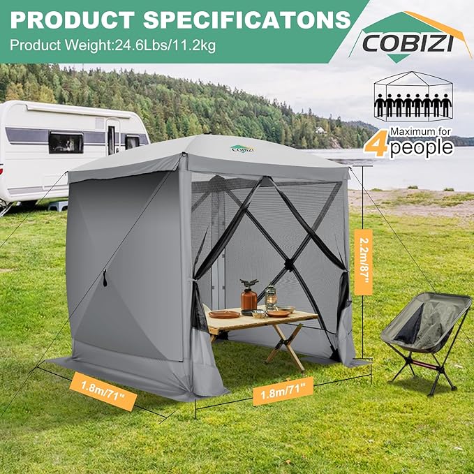 COBIZI 6x6 Pop up Gazebo Tent on Clearance, Ez up Waterproof Screen Tent Screen House with 3 sidewalls,Portable Outdoor Canopy with Carry Bag & Ground Stakes for Camping,Garden and Picnics, Grey