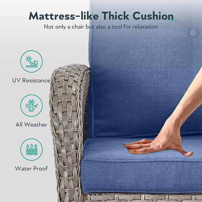 Outdoor Swivel Glider Rocker Chairs Set of 4 - Wicker Patio Furniture Set All Weather Patio Conversatio Sets with 2 Tempered Glass Side Table for Deck Backyard - Grey Wicker Blue Cushion