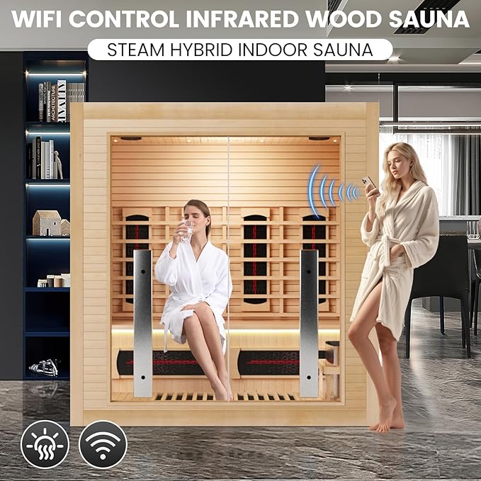 3-4 Person Hybrid WiFi Control Indoor Sauna, Far Infrared Wood Steam Sauna Room, Canadian Hemlock, Red Light Therapy, 11 Heating Elements & Electric Stove, Large Tempered Glass Door, Left Door