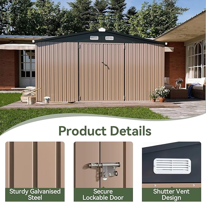 Aoxun 12x10 FT Shed Outdoor Storage Shed with Large Doors & Galvanized Steel, Large Shed Steel Utility Tool Shed Storage House with Door & Lock, for Patio Lawn Garden Sand, Brown