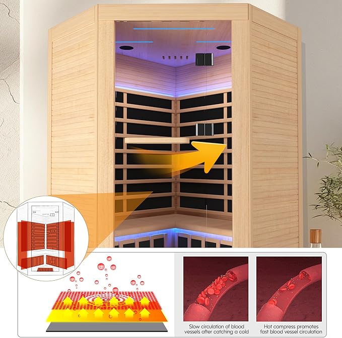 Corner Sauna for 2-3 Person Far Infrared Saunas Room Home Canadian Hemlock Indoor 2180W Low-EMF Dry Saunas with 7 Color Therapy 47.2 * 47.2 * 74.8inch