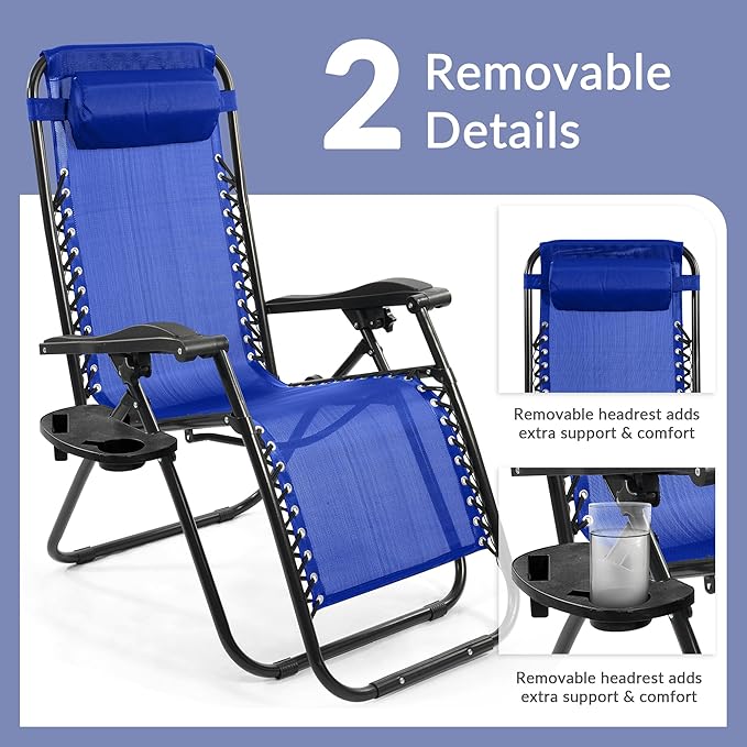 Elevon Zero Gravity Chair with Cup Holder & Removable Pillow, Adjustable Reclining Outdoor Patio Folding Chairs for Adults Portable Lounge Chair Furniture for Poolside, Lawn, Beach, Camping, Blue