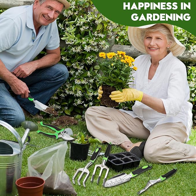 Heavy Duty Gardening Set, Featuring 9 Piece Durable Tools with Comfortable Non Slip Ergonomic Rubber Grips and A Large Tool Bag Perfect as A Family Gardening Helper