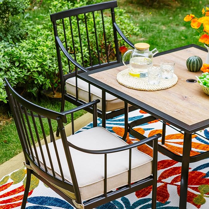 Sophia & William 5 Pieces Patio Dining Set with 4 Chairs and Square Table of Imitation Wood Top, Outdoor Conversation Furniture Set with Seat Cushion and 1.57" Umbrella Hole for Porch Backyard Balcony