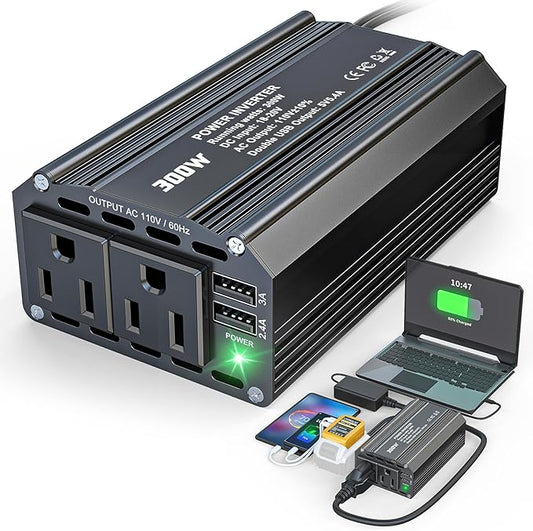 300W Power Inverter DC 20V to AC 110V Compatible with Dewalt: LIVOWALNY Battery Inverter Charger Adapter Power Converter with 2 AC & 2 USB Ports for Car, Vehicles, Laptop, Phone, String Light, Fan