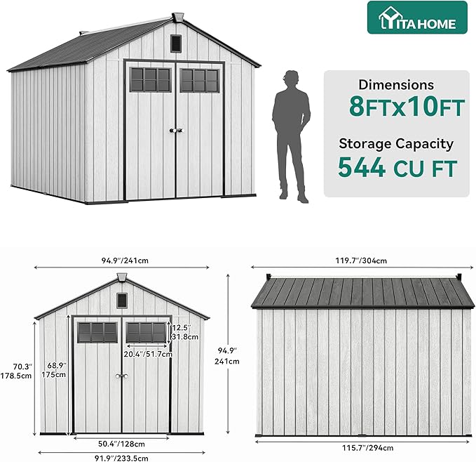 YITAHOME Outdoor Storage Shed 8x10 Ft, Plastic Storage Sheds with Floor, Lockable Doors, Windows, and Vents for Patio, Lawn, Backyard, Large Garden Storage for Bikes, Mowers, and Garden Tools, Gray