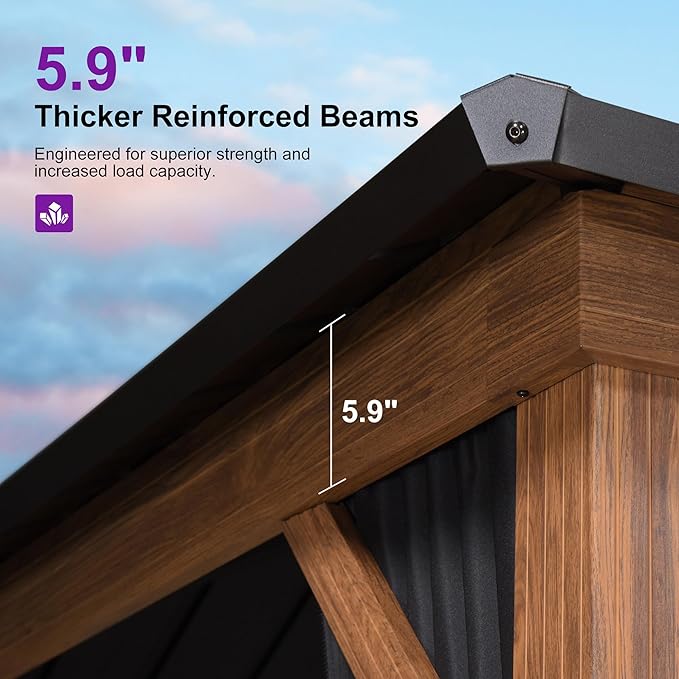 PURPLE LEAF 10' X 12' Hardtop Gazebo Outdoor Wood Grain Aluminum Frame Galvanized Steel Double Roof Gazebos with Netting and Curtains for Patio Deck Backyard Garden
