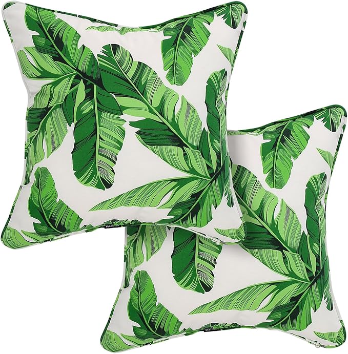 Outdoor Throw Pillow with Insert 18x18 Inch, Set of 2, Piping Edge Waterproof Fade Resistant Decorative Fluffy Pillows for Patio Furniture Chair Bench Couch Sofa - Green Leaves White