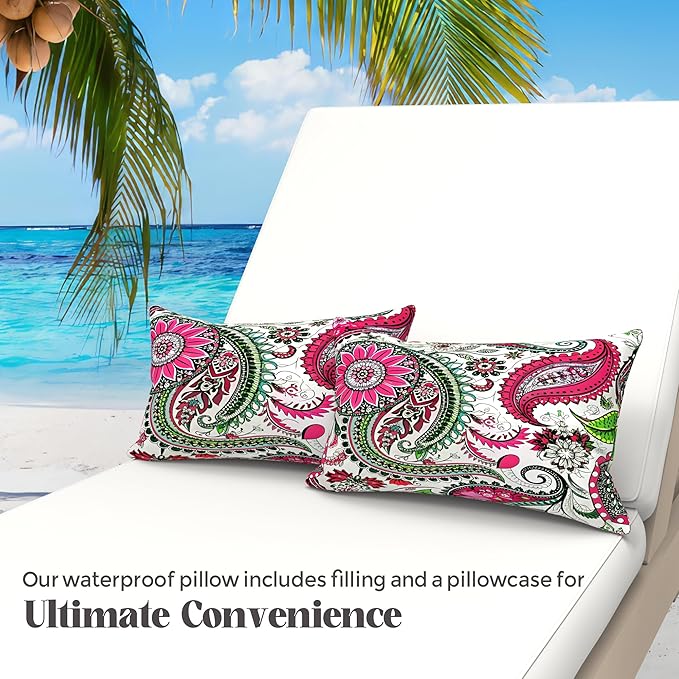 WOLKI Waterproof Outdoor Pillows 12x20 Feather and Down Filled Throw Pillow for Patio Furniture, Outside Decorative Pillow Set of 2 Flower