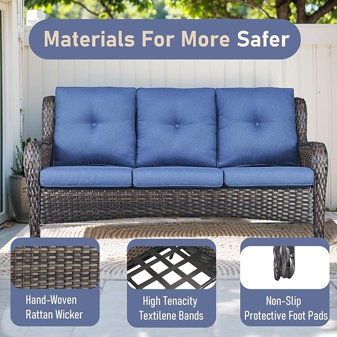 Wicker Outdoor Conversation Se with 50,000 BTU Gas Propane Fire Pit Tablet-7 Pieces Outdoor Wicker High Back Couch Patio Furniture for Deck Poolside Backyard