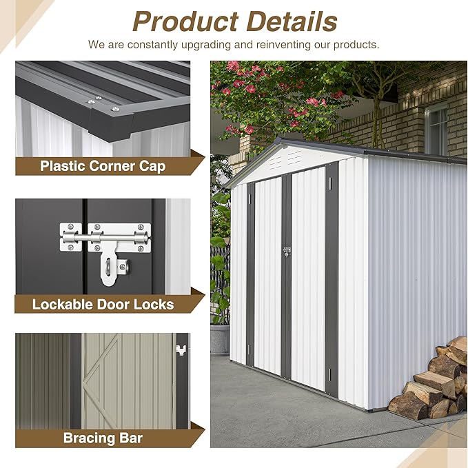 Spacious 8 x 6 ft Outdoor Storage Shed, All Weather Metal Sheds with 2 Lockable Doors, Tool Shed for Garden, Backyard, Lawn,White