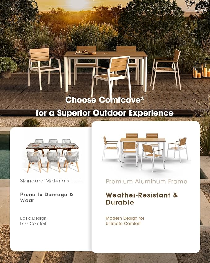 Outdoor Patio Dining Set, Aluminum & HDPE 5 Piece Outdoor Table and Chairs Set with Umbrella Hole, Modren Rectangular Patio Furniture Set with All-Weather Table and 4 Chairs (White & Teak)