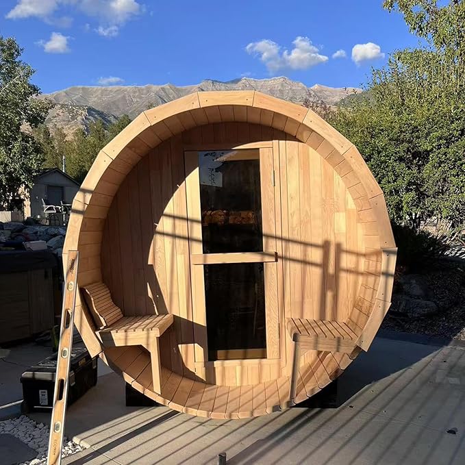 Outdoor Barrel Sauna with Porch, Wood Burning Stove Sauna 4 Person, Canadian Hemlock, Chimney Kit, Triple Waterproof System, Double Reinforcement(0-195℉)