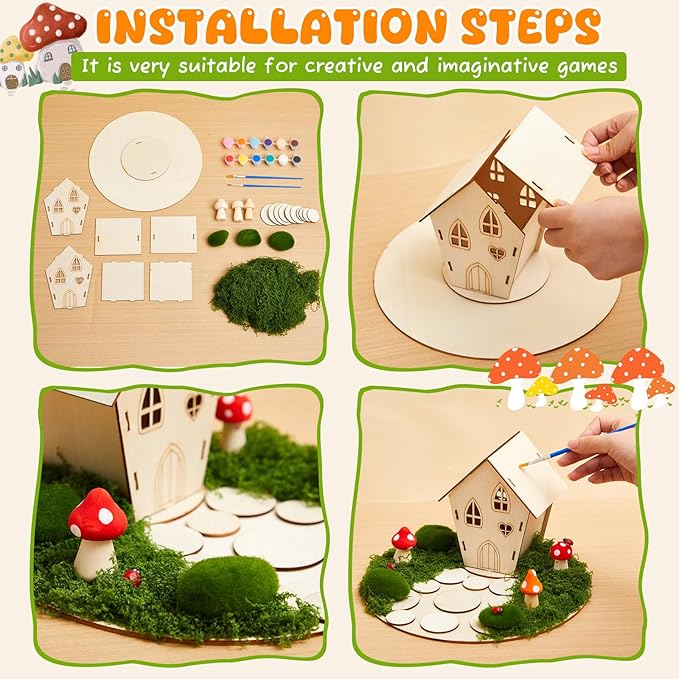 Kathfly 8 Sets Wooden Fairy House Craft Kit, Fairy Garden Kit with Paints & Decorations, Unpainted Miniature Accessories for Home Event Party Decor, Arts Crafts Birthday Gift
