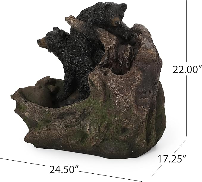 Merax 22" High Bear Log Fountain, Outdoor Weather-Resistant Fountain with LED Lights, 2-Tier Waterfall for Garden or Patio, Light Brown+Black