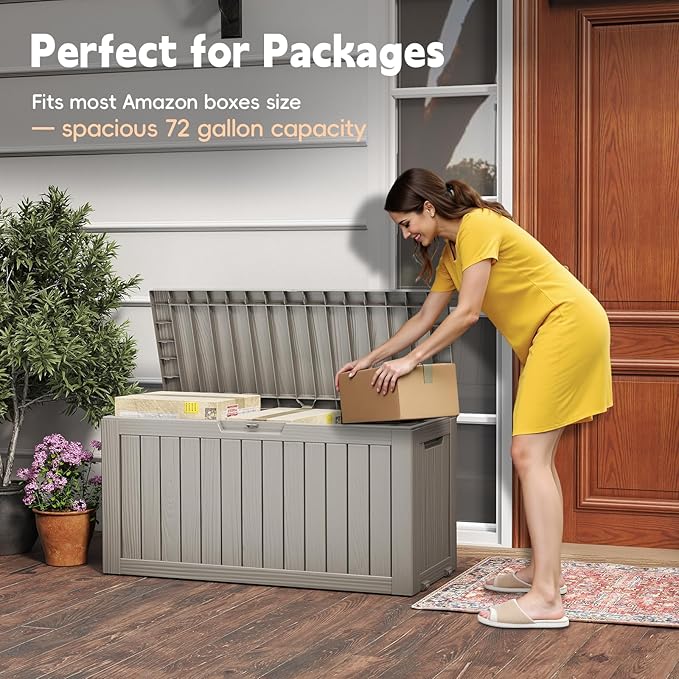 Outdoor Storage Box, 72 Gallon Deck Box Waterproof, Resin Patio Storage Bin for Package Delivery, Patio Furniture Cushion, Garden Tools, Pool Accessories, Weatherproof, Grey