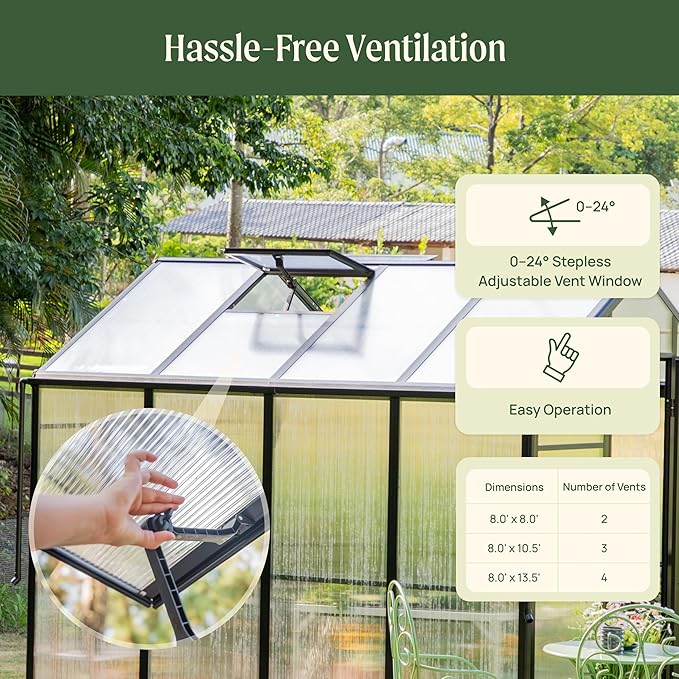 Vego Garden Junior Victorian Greenhouse 8ft – Durable Aluminum Frame with Polycarbonate Panels – All-Season Greenhouse for Backyard or Patio