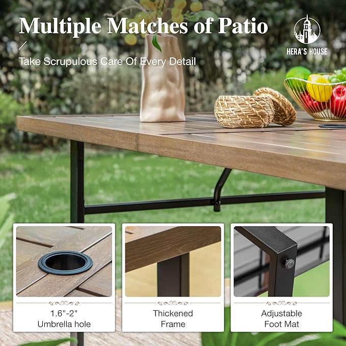 HERA'S HOUSE 7 Piece Patio Dining Set for 6, 6 x Outdoor Rattan Armchair with Removable Cushions, 1 x 64 Rectangular Patio Table with Umbrella Hole for Patio Lawn Garden