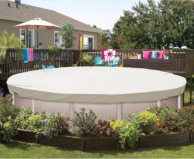 ECOOPTS 14 ft Waterproof Round Polyester Pool Cover for Above Ground Pools, Swimming Pool Cover Protector Winter Safety Cover (Beige)