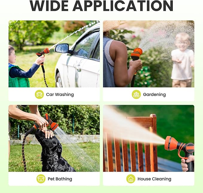 Giraffe Tools Garden Hose 100FT 1/2” Non-Expandable Lightweight Flexible Water Hoses Burst 600 psi with 9 Spray Function Nozzle Heavy Duty Hose