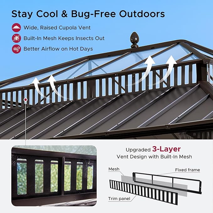 SUNJOY Kingston 16' x 12' Hardtop Gazebo with Galvanized Steel/Polycarbonate Double Roof, Curtain and Netting, Brown Aluminum Posts Permanent Pavilion Gazebo for Garden, Patio, Deck, Lawn