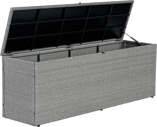 happimess TRK1002A Nino 59.06" Modern Minimalist Outdoor Faux Wicker Deck and Patio Storage Box, Gray, Soft-Close, for Package Delivery, Patio Furniture, Cushions, Gardening Tools, Pool Supplies