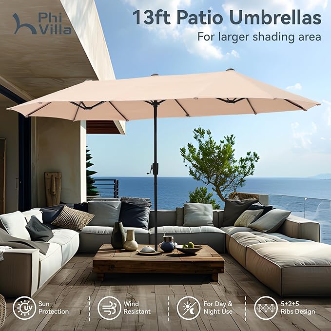 PHI VILLA Outdoor Dining Set for 6, All-Weather Patio Table and Chairs Set for 6 with Umbrella, Heavy Duty Rectangle Patio Table Set for Deck, 6 Large Outdoor Stationary Dining Chairs with Cushions
