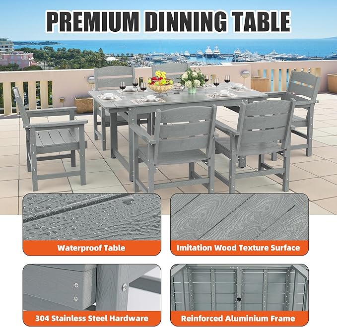 5-Piece HIPS Patio Dining Set, Outdoor Dining Table and Chairs Set with Umbrella Hole, Weatherproof Dining Table Set for 4 Person, Patio Furniture Set for Outside Deck, Grey