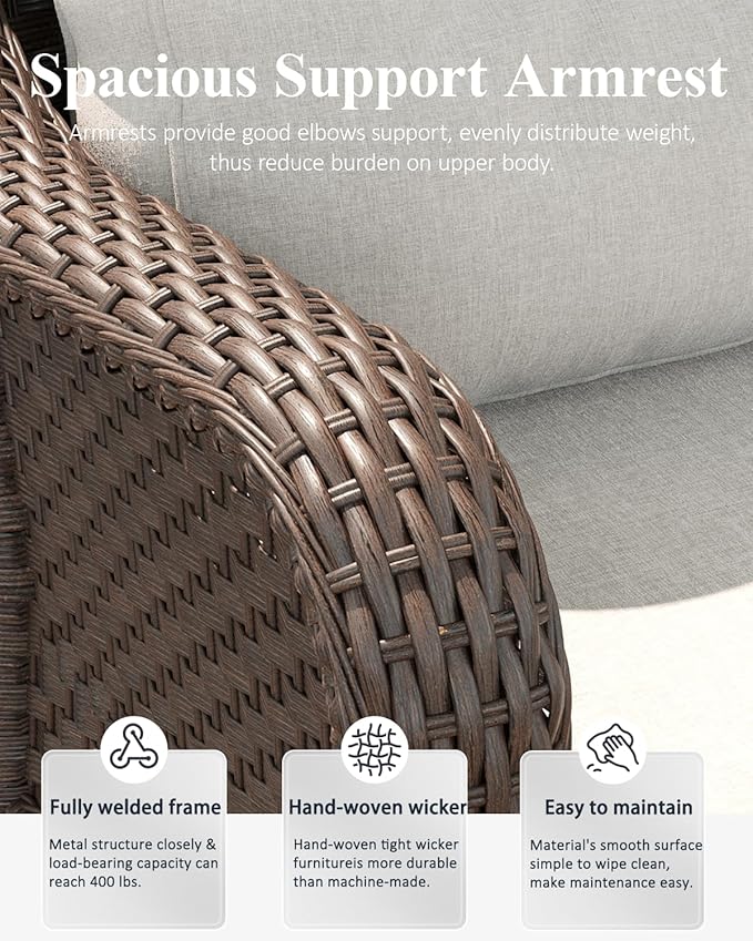 LayinSun 3 Piece Wicker Outdoor Furniture Set with 6-inch Comfy Cushions, High Back Patio Furniture Set with Swivel Rocking Chairs and Side Table