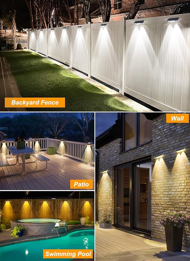 Solar Fence Lights Outdoor - 3000K/4000K/6000K 3 Color Modes, IP65 Waterproof Fence Lights Solar Powered Outdoor, Solar Powered Wall Light for Outside Porch Step Wall Stairs Patio Yard (4 Pack)