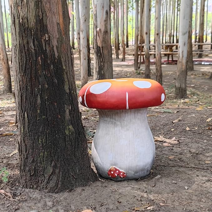 Mushroom Resin Statue Stool Over Sized Sculpture Courtyard Lawn Pond Ornament Garden Outdoor Patio Stool Decoration Red 13.3'' High