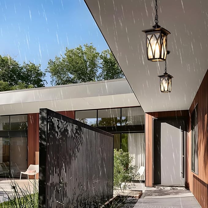 15'' Outdoor Pendant Light Fixture, Exterior Hanging Lantern, Modern Black Metal Outside Chandelier Light Fixture Ceiling Mount with Water Ripple Glass & Adjustable Chain for Porch, Gazebo, Front Door