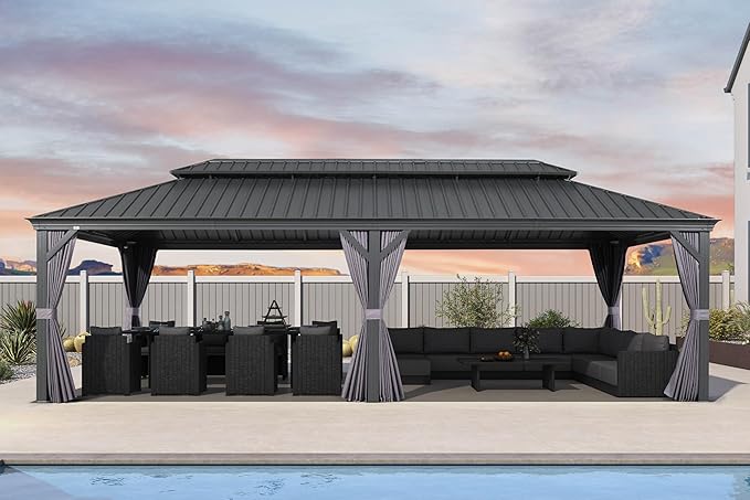 PURPLE LEAF 14' X 28' Outdoor Large Gazebo Permanent Hardtop Gazebo with Galvanized Steel Double Roof for Patio Lawn and Garden, Curtains and Netting Included Grey