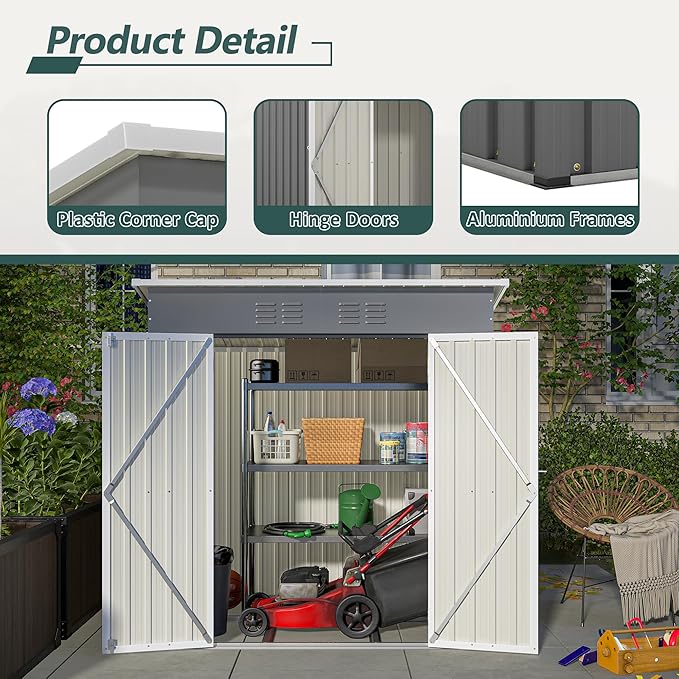 6x4 FT Outdoor Metal Storage Shed with Frame Floor & Sloping Roof, Lockable Double Door, Weatherproof Steel Garden Shed for Tools, Lawn Equipment & Patio Supplies