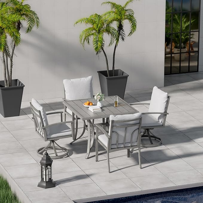 HAPPATIO 5-Piece Patio Outdoor Dining Sets - All Aluminum Outdoor Patio Table and Chairs Set for 4 Includes 1 Square Dining Table, 2 Dining Chairs, and 2 Swivel Dining Chairs, for Lawn or Garden