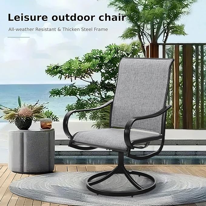 MFSTUDIO Outdoor Swivel Patio Dining Chairs Set of 2, High Back Breathable Textilene Patio Chairs for Balcony, Backyard, Deck, Garden (Light Grey Fabric, Black Frame)