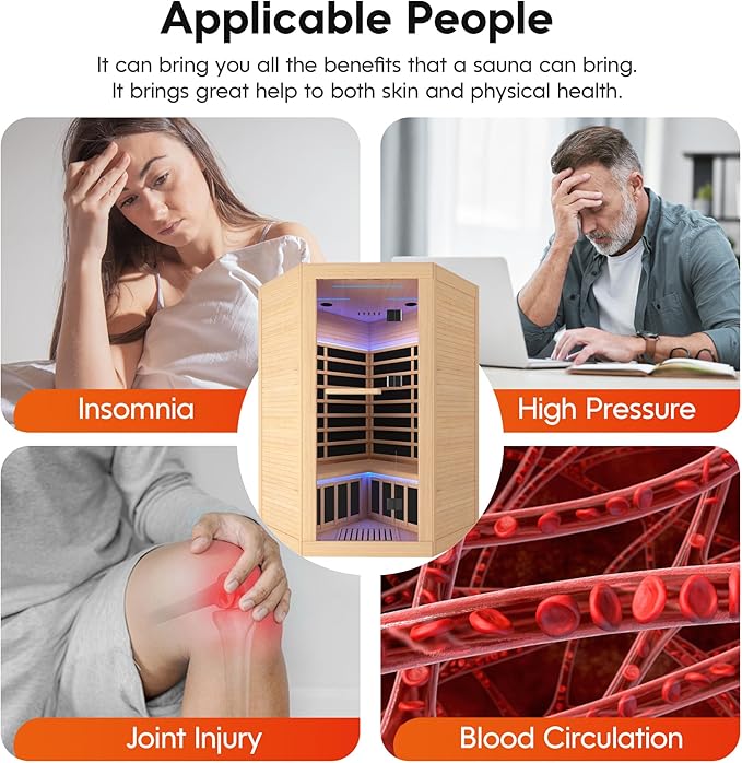 Corner Sauna for 2-3 Person Far Infrared Saunas Room Home Canadian Hemlock Indoor 2180W Low-EMF Dry Saunas with 7 Color Therapy 47.2 * 47.2 * 74.8inch