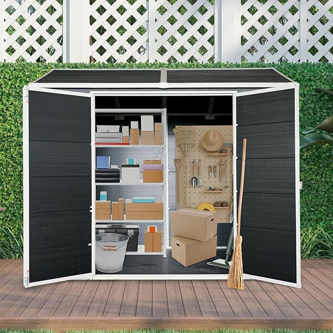 Outdoor Storage Shed with Two-Window and Double-Door, Resin Storage Shed with Lockable Door, Plastic Shed with Floor for Gargen, Patio, Yard, Lawn (Black, 8 x 6 FT)