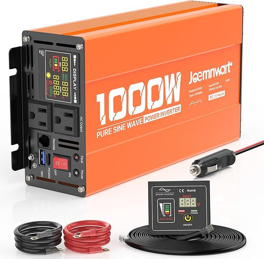 1000W/2000W(Peak) Power Inverter DC 12V to 110V AC with LCD Display, Remote Control, 2 AC Outlets, Fast Charging USB Charger, Car Pure Sine Wave Inverter for Car Home Laptop Truck