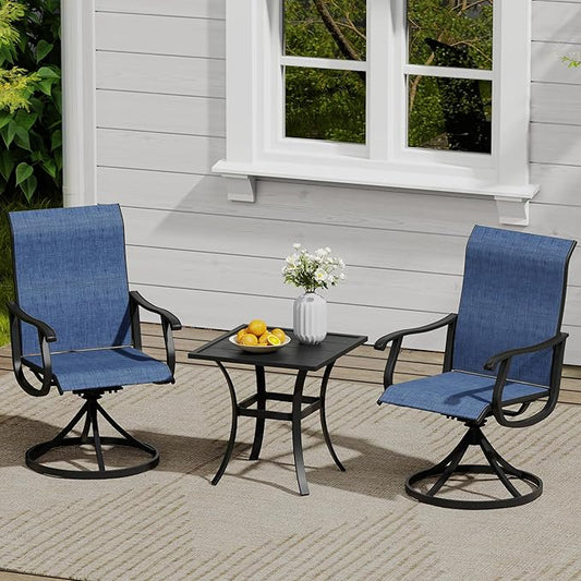 VICLLAX 3 Pieces Small Outdoor Furniture, 2 Patio Swivel Chairs and Small Square Outdoor Table for 2, Blue Chairs & Black