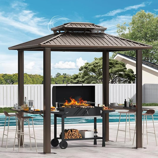 Hoteel 6x8ft Hardtop Grill Gazebo, Outdoor Patio Aluminum Frame Barbecue Gazebo with Galvanized Steel Double Roof and 2 Side Shelves for Deck Lawn Backyard Garden and Party, Brown(2025 Upgraded)