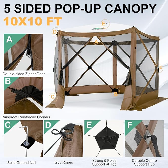 COBIZI 10x10ft Pop up Gazebo Screen House Tent for Camping, Pop-up Camping Canopy with Mesh Windows,Portable Outdoor Quick-Set Hub Tent with Carrying Bag&Ground Stakes,Brown(Upgraded 2.0)