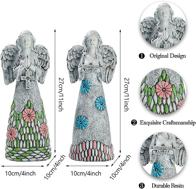 TERESA'S COLLECTIONS Angel Garden Statues with Solar Outdoor Light for Garden Decor, 2 Pack Resin Angel Grave Cemetery Decorations for Outdoor Decor, Memorial Angel Yard Decor Gifts for Mom, 11”