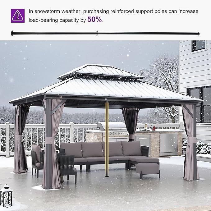 PURPLE LEAF 12'x14' Hardtop Gazebo with Lights Double Roof on Galvanized Steel Frame Outdoor Pavilion Including Netting and Curtains for Patio Garden Deck Grey