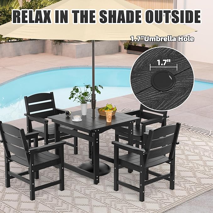 3-Piece HIPS Patio Dining Set, Outdoor Dining Table and Chairs Set with Umbrella Hole, Weatherproof Dining Table Set for 2 Person, Patio Furniture Set for Outside Deck, Black