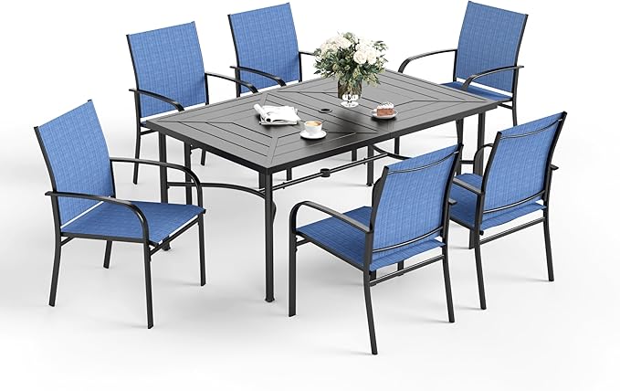 7 Pcs Patio Dining Set for 6, Rectangular Metal Dining Table with Umbrella Hole and 6 Chairs, Outdoor Table and Chairs Set for Lawn Garden Backyard and Deck, Blue